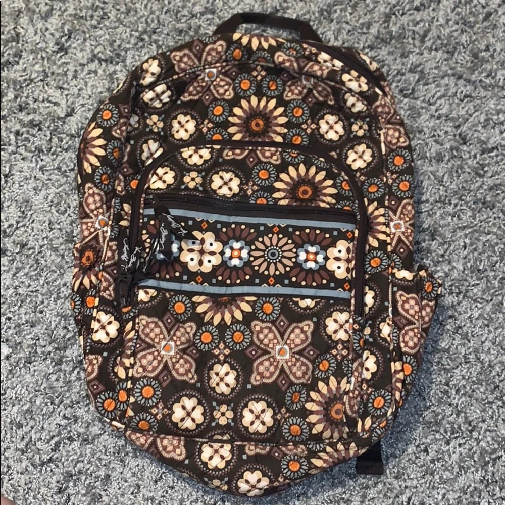 Vera Bradley Brown Floral Quilted Backpack with Cream and Orange Accents